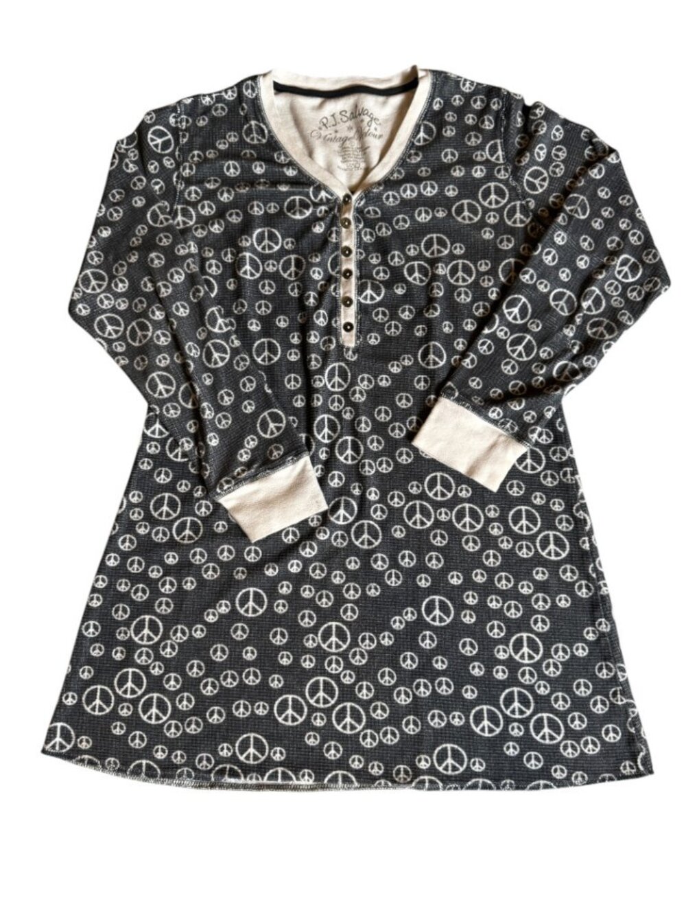 PJ Salvage Vintage Velour Peace Sign Henley Sleep Shirt Size Large